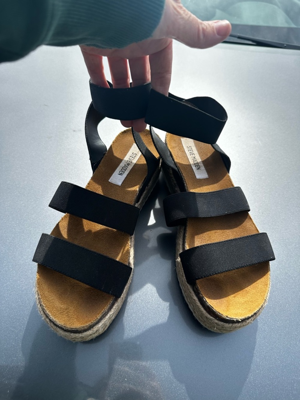 Steve Madden Black Elastic-Strap Espadrille Wedges